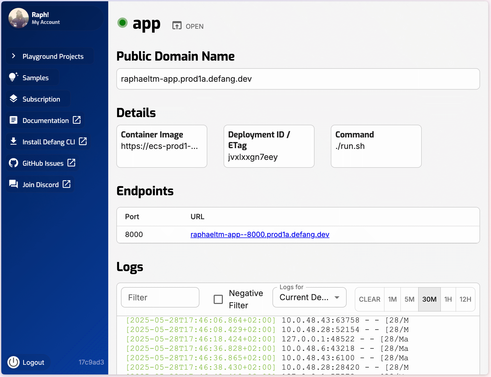 screenshot of the defang portal