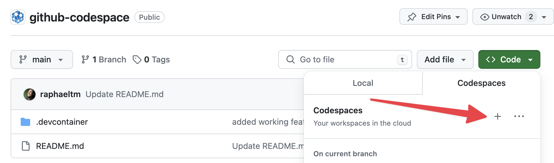 Create Codespace button screenshot