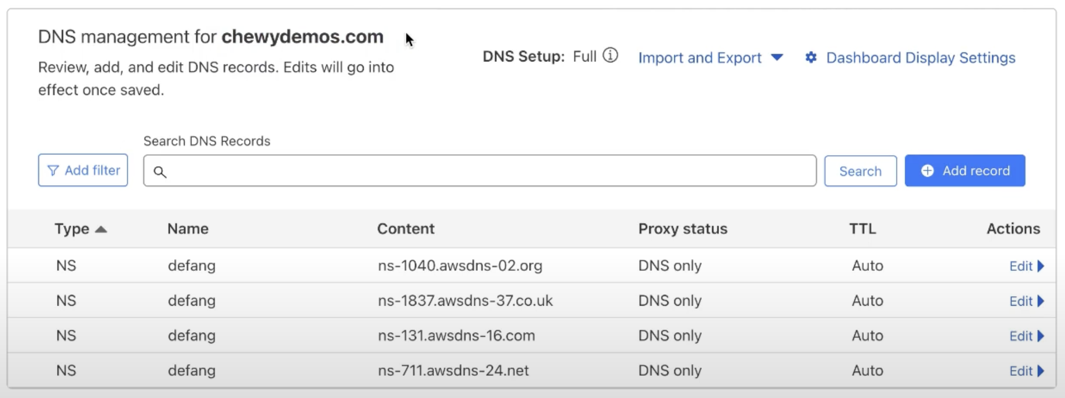 CloudFlare NS Records Screenshot