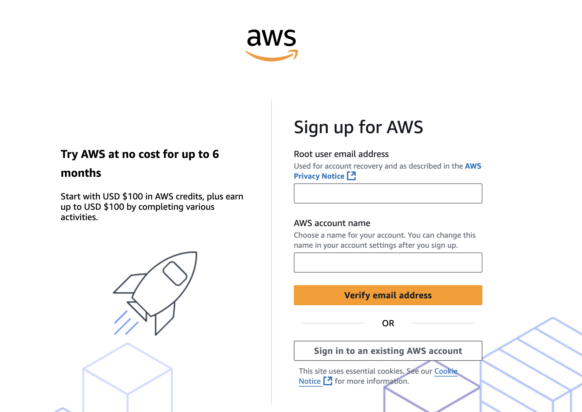 Amazon AWS sign up page