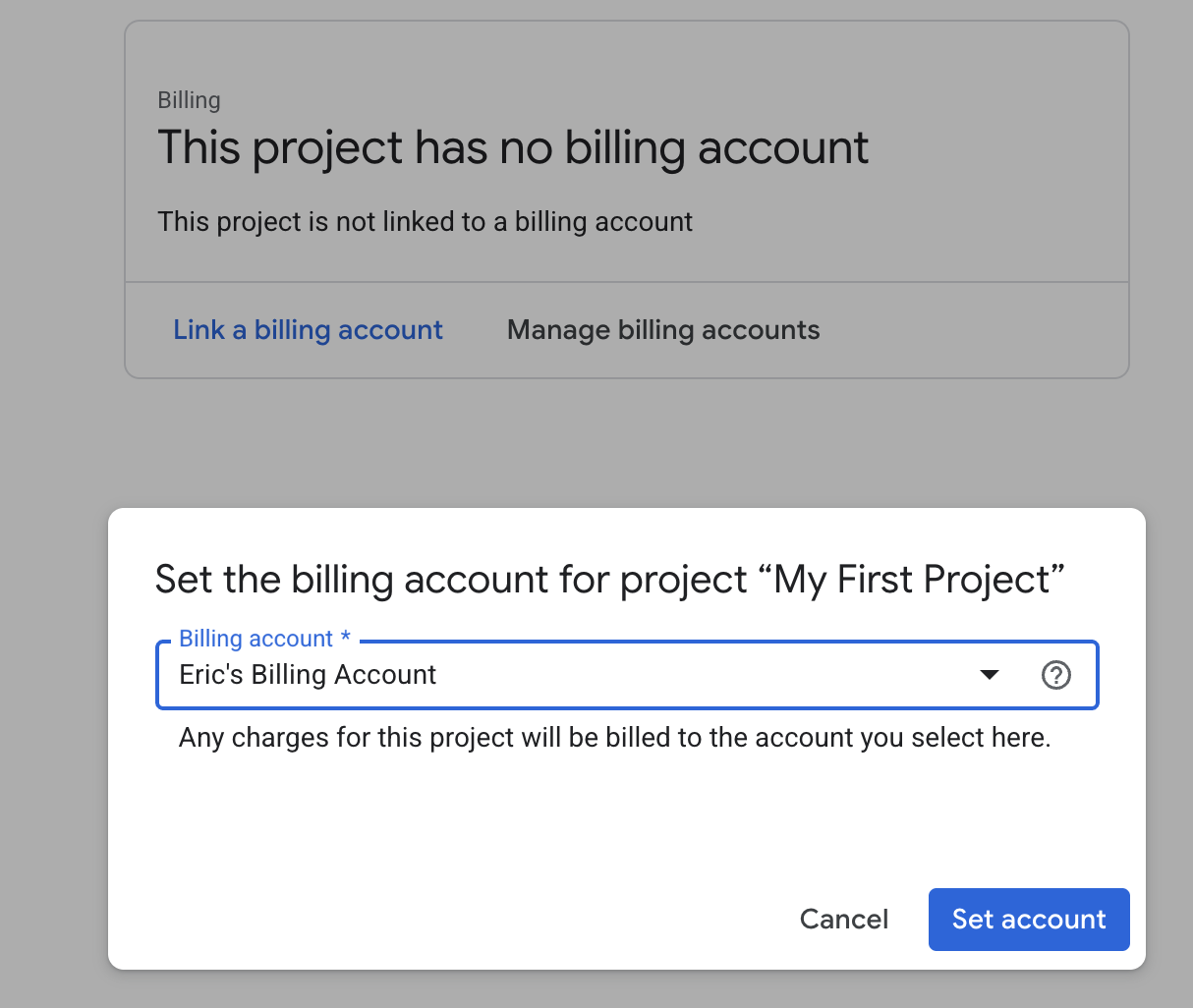 Billing account selection dialog