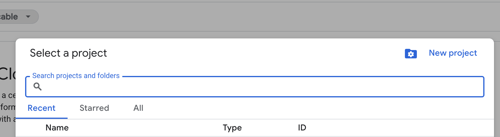 GCP project creation dialog